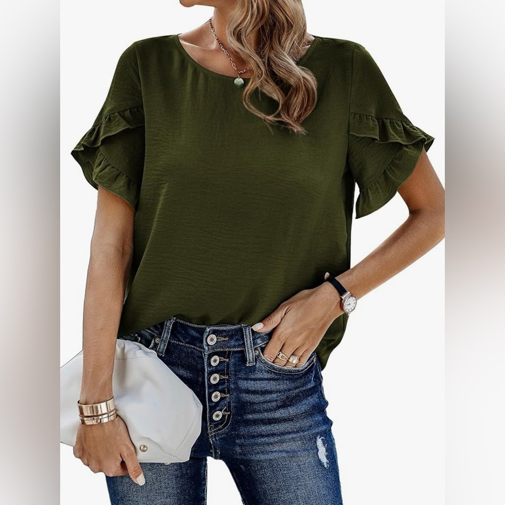 PRETTYGARDEN 🌸 Crewneck Short Sleeve Ruffle Blouse - Army Green - Medium